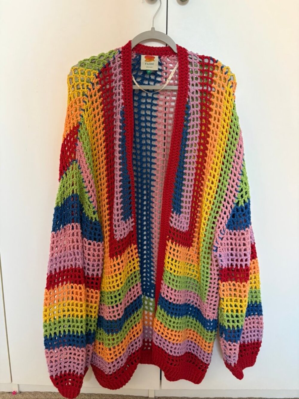 FARM Rio Rainbow Crochet Long Cardigan XS Oversized Fits Like M/L